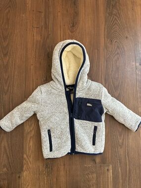 Eddie Bauer Heather Gray Sherpa-Lined Hooded Puffer with Navy Trim